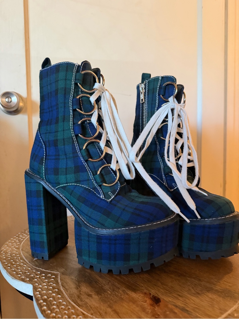 Dolls Kill Current Mood Sikk Nancy Tartan Plaid Platform Ankle O-Ring Boots - Picture 14 of 15